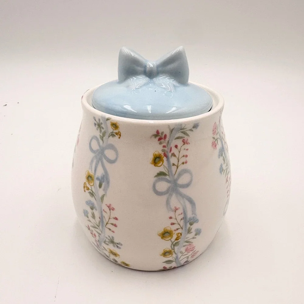 Floral Ribbon Ceramic Sugar Bowl Blue Bow Lid 8oz Coquette NEW